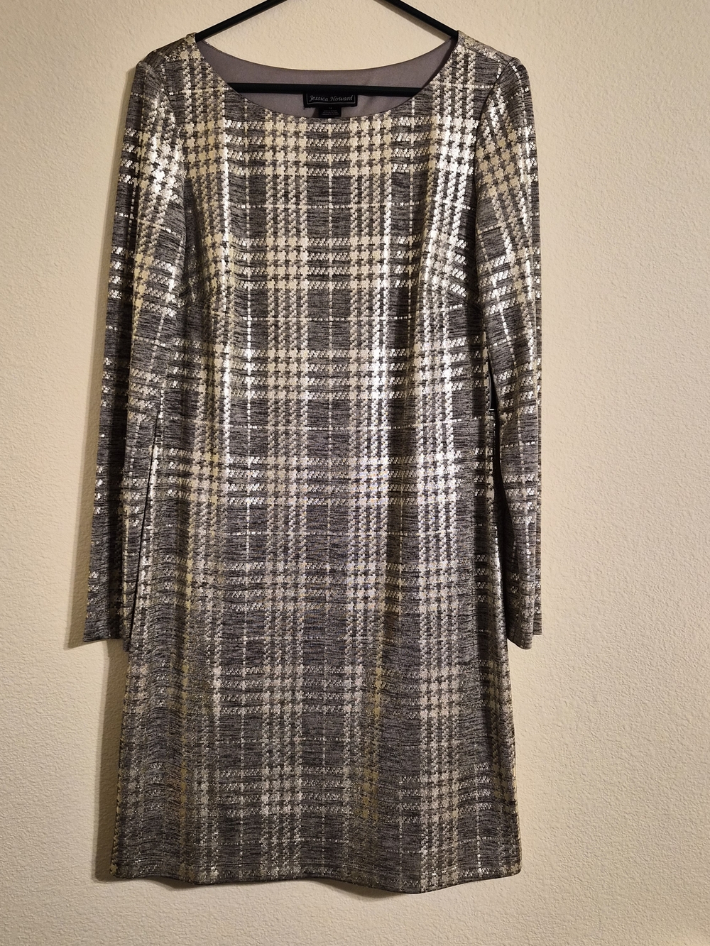 Jessica Howard Metallic Plaid Shift Dress in Silver and Gold Size 14 NWT